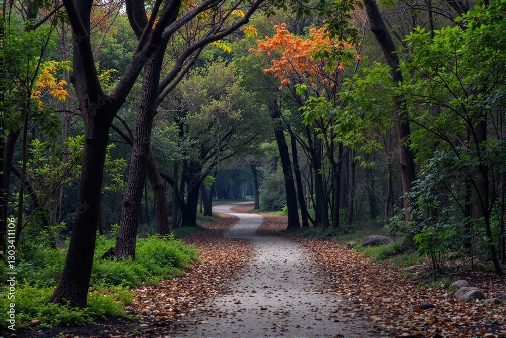 Fototapeta premium A winding path through a forest in the daytime. Fallen leaves cover the ground. Peaceful and tranquil atmosphere.