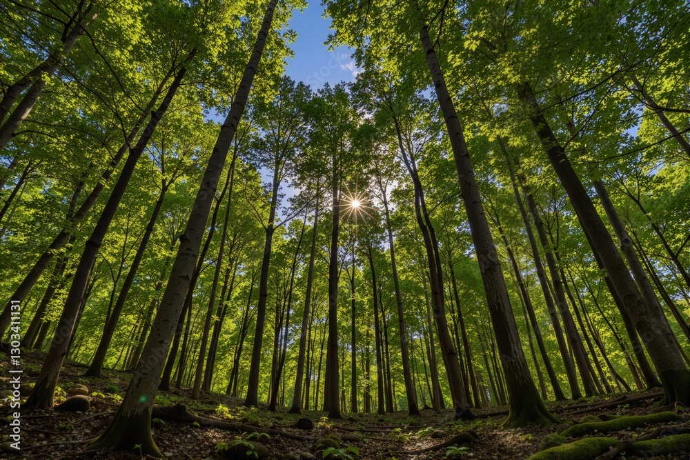 Naklejka premium Sun shining through tall trees in a lush green forest. Perfect for nature themes.