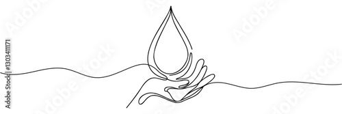 Continuous one line drawing of human hand holding water drop. Blue liquid drop in arm drawn with single line.