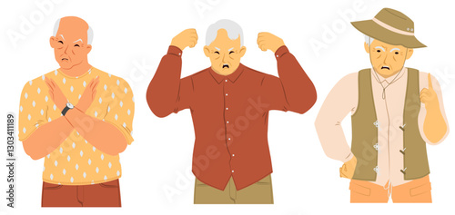 An elderly man displays anger through his posture and gestures, showcasing frustration. He is dressed in a casual outfit, highlighting his aged appearance and intense emotions.