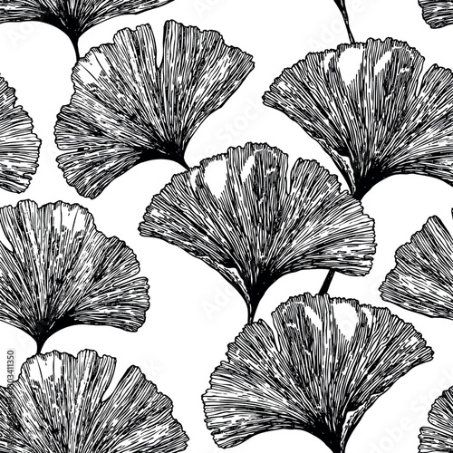 Seamless floral pattern with ginkgo biloba leaves. Art flowers on color background. Decorative sceleton leaf. Vector hand drawn illustration. Minimal linear style.