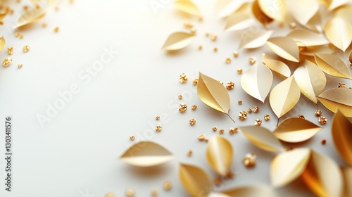 Elegant gold paper leaves on white background with golden glitter. Use Invitation, card, backdrop