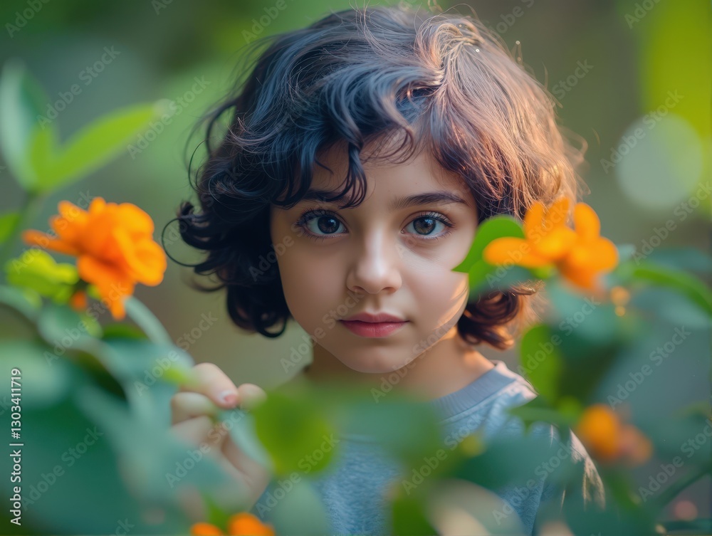 Naklejka premium A young girl with curly hair looks at the camera surrounded by orange flowers. A beautiful, sweet image perfect for websites or blogs.