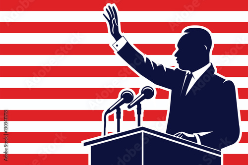 Silhouette of a man in a suit gesturing in front of an American flag backdrop during a patriotic event. A man in a suit stands with arms outstretched before a large American flag,