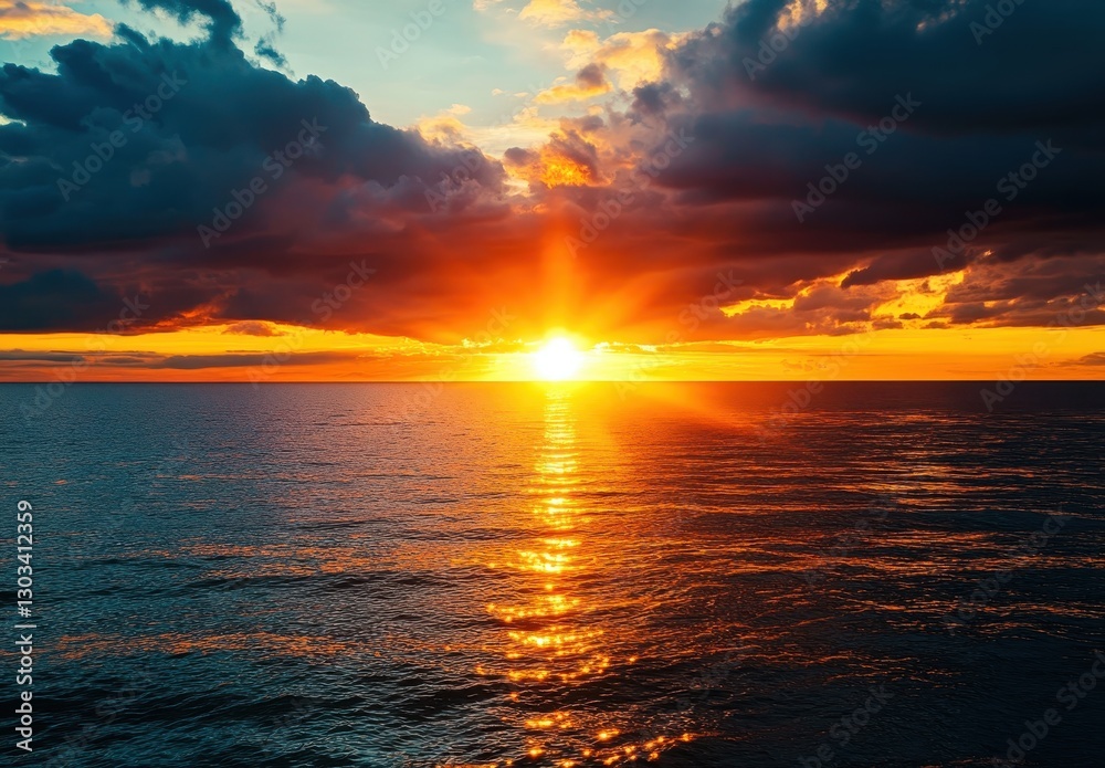 Obraz premium Breathtaking Sunset Over Serene Ocean Waters with Dramatic Clouds and Vibrant Colors at Dusk Reflecting on Calm Sea Surface