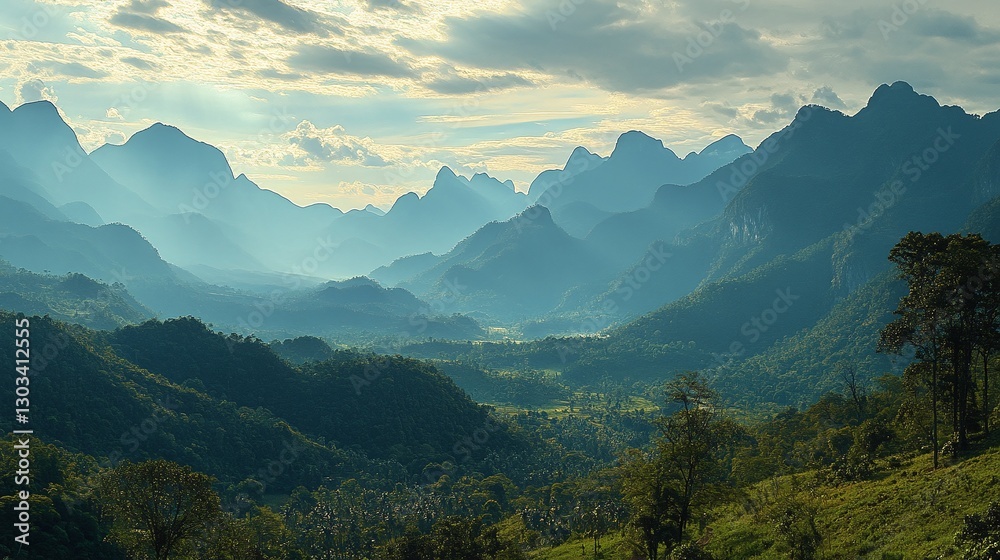 Obraz premium adventure travel in laos mountains with tropical jungle remote trekking trails scenic river valley sunrise over misty hills nature lovers paradise serene mountain scenery untouched beauty