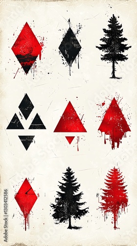 Red & Black Symbols, Trees, Vintage Style