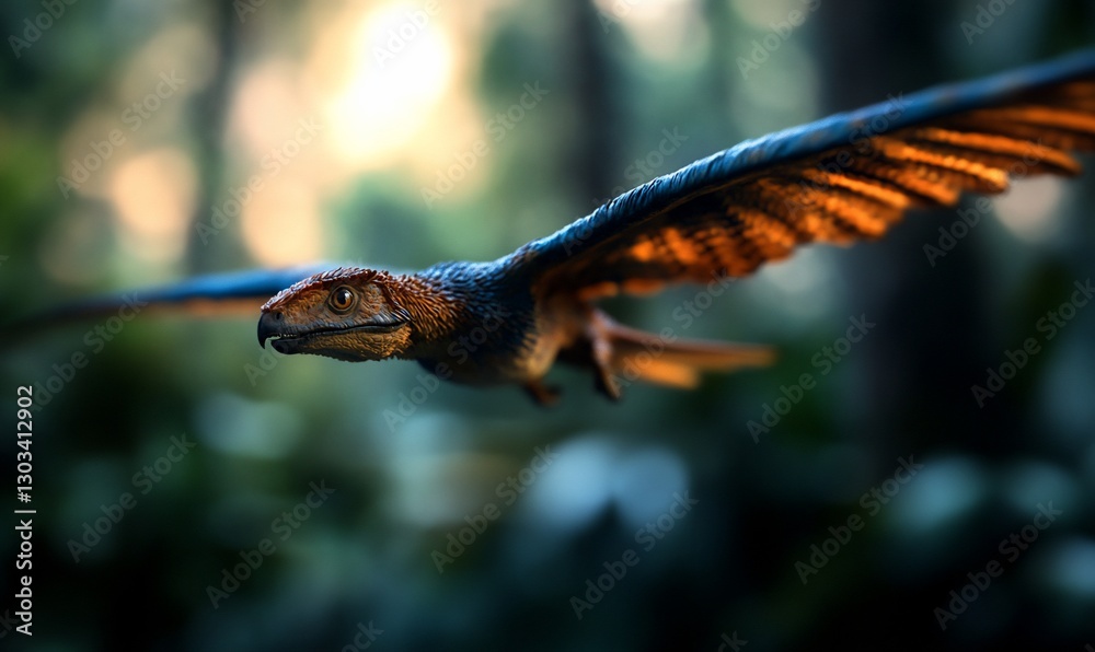 Prehistoric bird in flight through forest Prehistoric bird in flight through forest