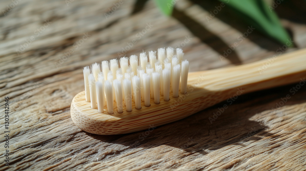 Close-Up of Bamboo Toothbrush on Rustic Wooden Surface Close-Up of Bamboo Toothbrush on Rustic Wooden Surface