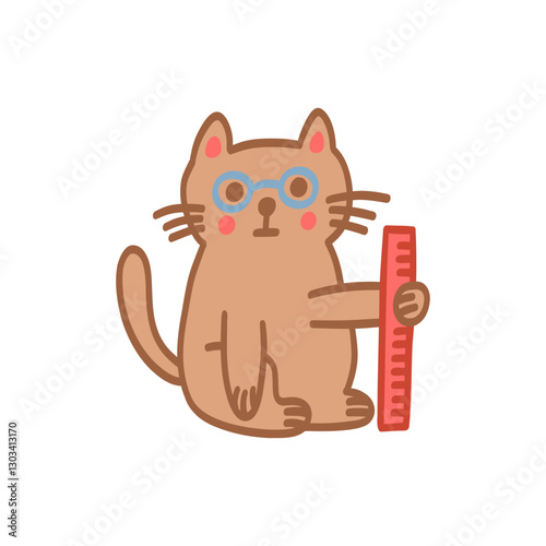 Cute cat doodle style. Simple character with glasses and a ruler for card, print, banner, poster, template. Cartoon illustration for children. Hand drawn illustration isolated on white background.