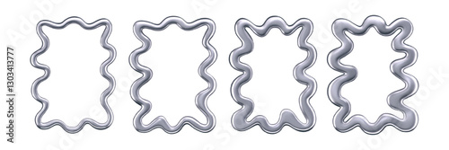 3d chrome wavy frames isolated on a dark background. Render of rectangular silver scallop border in trendy y2k style for modern posters, photos, banners or interior. Chrome squiggle mirror. 3d vector