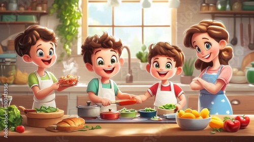 happy parents and children enjoying a fun cooking session in a bright kitchen preparing a tasty meal together creating a joyful and heartwarming family moment