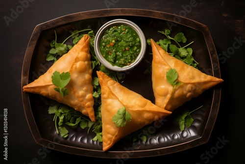 Top view of crispy triangular samosas on a matte dark plate with fresh cilantro leaves on a dark background