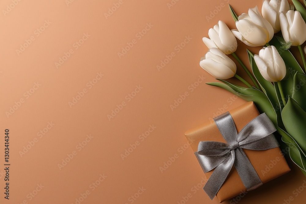 Muted olive-green tulips with silver ribbon on peach background create an elegant gift arrangement Muted olive-green tulips with silver ribbon on peach background create an elegant gift arrangement