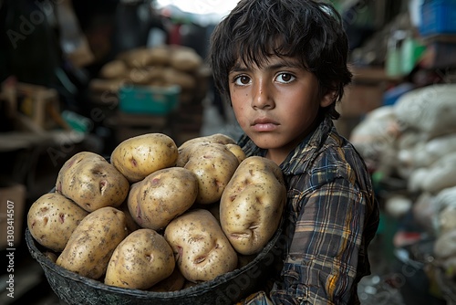 Child carrying potatoes in market