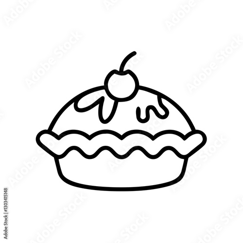 Dessert icon with pie and cherry, symbolizes sweetness and indulgence, black outline, modern design