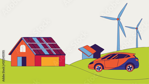 Colorful sustainable energy landscape with wind turbines, solar panels, and electric car, modern illustration, copy space