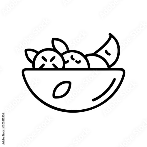 Fruit bowl icon with assorted fruits, black outline, modern design