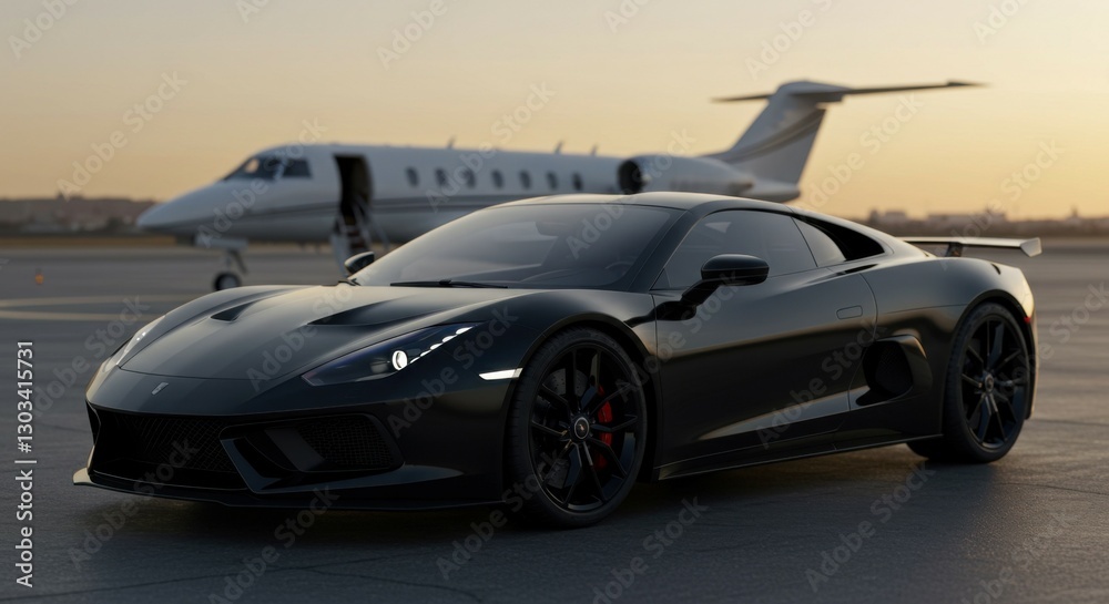 A prestigious black luxury car standing in front of a private jet, emphasizing elite lifestyle. A prestigious black luxury car standing in front of a private jet, emphasizing elite lifestyle.