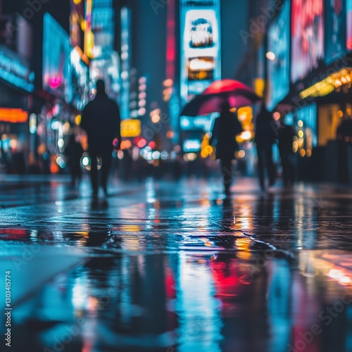 Wallpaper Mural A deserted city road at night glows under neon lights. Rainwater pools on the asphalt, creating a mirror-like surface that reflects the surrounding buildings and streetlights Torontodigital.ca