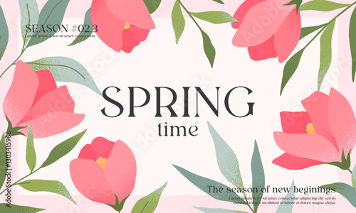 Spring elegant illustration with pink roses and green plants.Modern typography banner template with florals.Creative seasonal background for holidays prints,invitations,offers,covers,greetings
