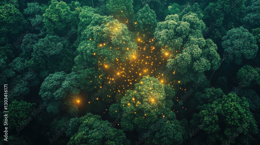 Aerial View of a Forest with a Swarm of Fireflies Creating an Ethereal Glow at Night