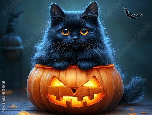 Black Kitten in Halloween Pumpkin
