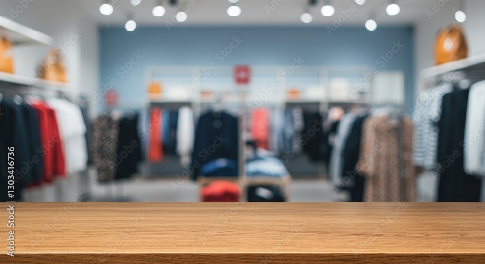 Obraz premium Wooden Tabletop in Blurred Clothing Store - Empty wooden table in front of a blurred clothing store background, ideal for product displays or advertising