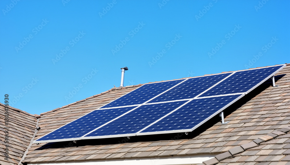Fototapeta premium Solar panels absorbing sunlight on rooftop under clear blue sky, sustainability
