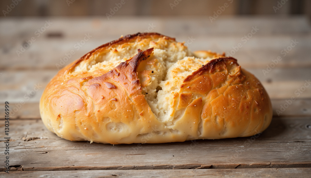 Freshly baked loaf of bread on wooden table, symbolizing nourishment Freshly baked loaf of bread on wooden table, symbolizing nourishment