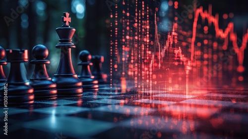 Chess Pieces on Checkerboard Facing Volatile Red Stock Market Graph Conceptual Business Strategy