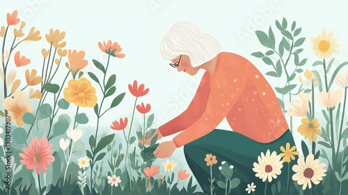 mature woman engaging in gardening planting flowers in her lush backyard enjoying the benefits of a peaceful hobby and nature connection