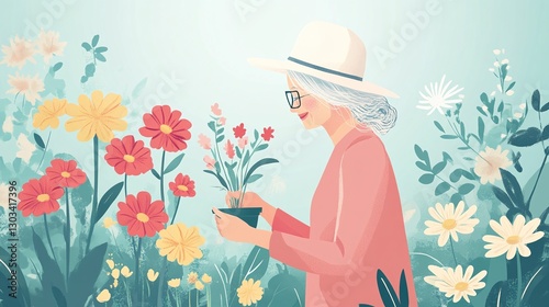 mature woman engaging in gardening planting flowers in her lush backyard enjoying the benefits of a peaceful hobby and nature connection