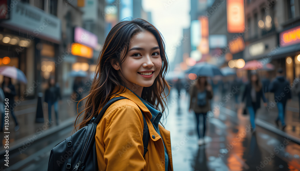 young woman smiling in rain on busy city street with glowing lights and reflections young woman smiling in rain on busy city street with glowing lights and reflections