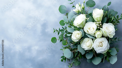 Elegant white roses bouquet with greenery on soft blue background, copy space
