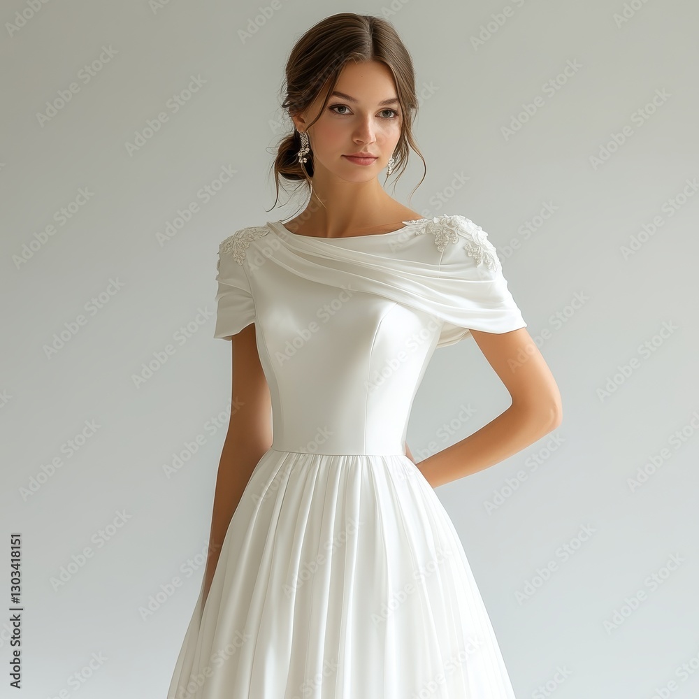 Elegant Woman in White Dress Against Neutral Backdrop Expressing Serenity and Graceful Sophistication Elegant Woman in White Dress Against Neutral Backdrop Expressing Serenity and Graceful Sophistication