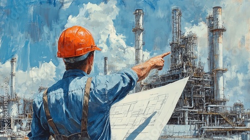 professional architect at an oil refinery wearing protective gear analyzing blueprint plans and pointing at the plant managing site infrastructure and industrial development