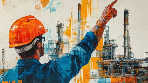 professional architect at an oil refinery wearing protective gear analyzing blueprint plans and pointing at the plant managing site infrastructure and industrial development