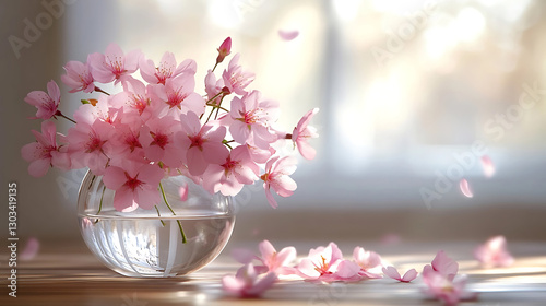 Delicate pink cherry blossoms in glass vase on wooden table, soft background, copy space