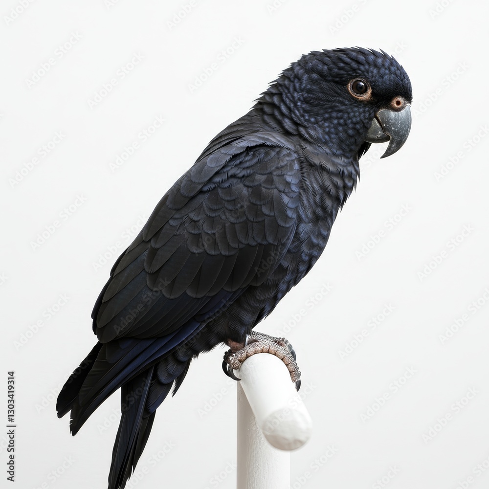 Fototapeta premium Black Lory Parrot on Perch - A striking black lory parrot perched on a white stand against a white background. Its dark plumage and bright eyes are captivating