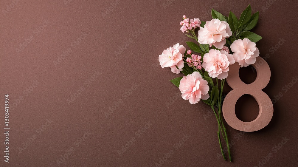 Fototapeta premium Elegant soft velvet number eight surrounded by pale pink gardenias on a rich mocha background with ample copyspace for various uses
