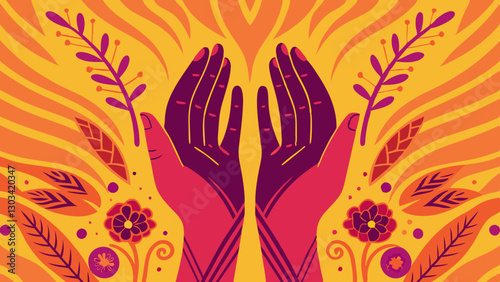 Colorful hands in a praying position surrounded by flowers and decorative elements

