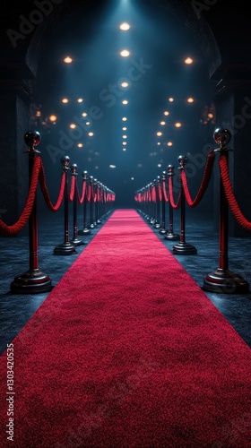 Red carpet entrance leads to spotlight in a luxurious venue featuring dramatic lighting effects