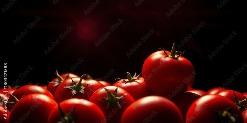 Fresh ripe tomatoes in a massive scale, heroically presented against a black background Fresh ripe tomatoes in a massive scale, heroically presented against a black background