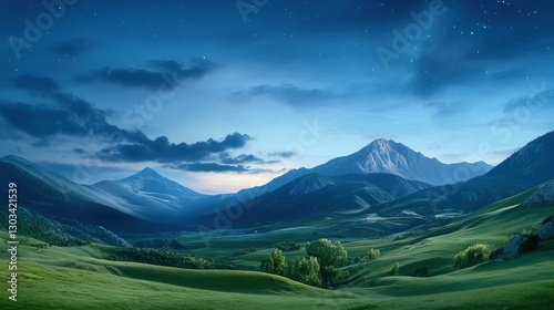 A serene landscape showcases rolling green hills under a starlit sky, with majestic mountains in the background, Ideal for travel articles, nature blogs, or as a peaceful backdrop for presentations, photo