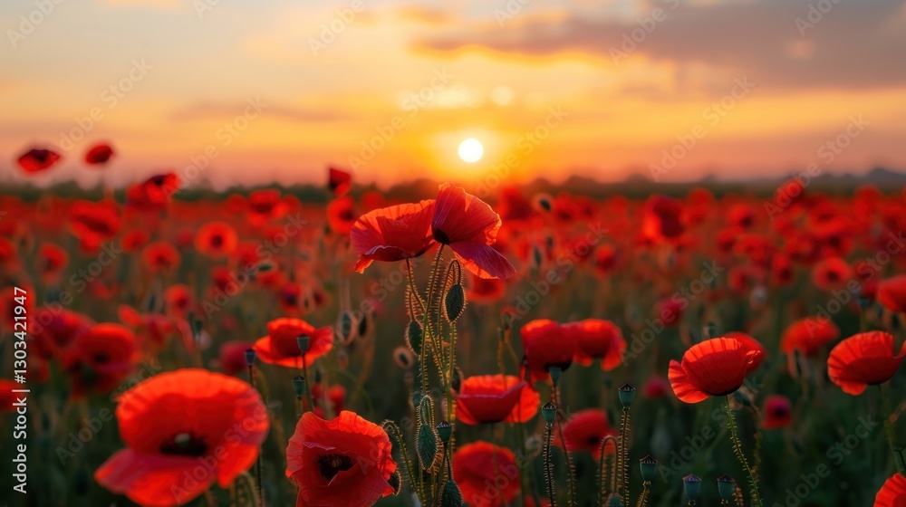 Fototapeta premium Sunset Poppy Field: A Serene Landscape of Red Blooms