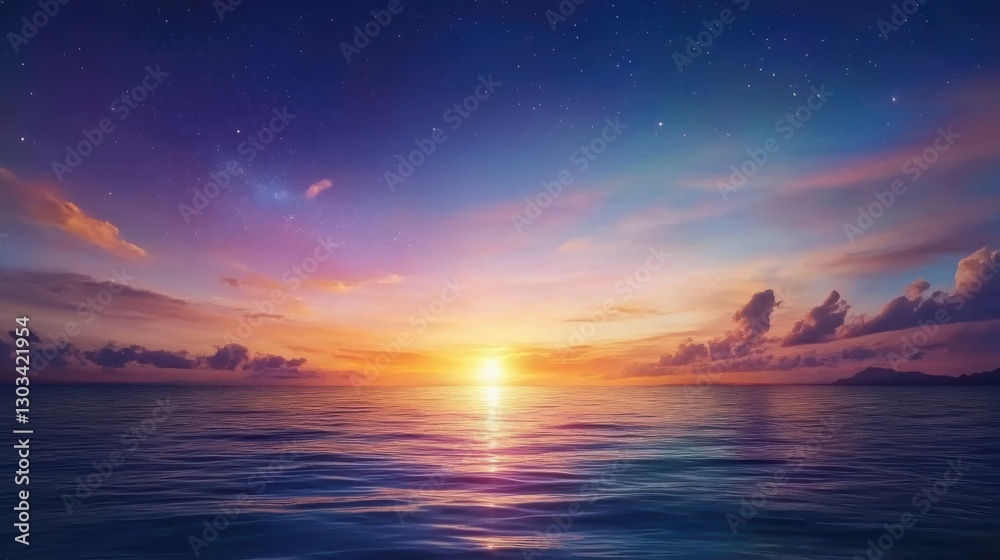 Fototapeta premium A tranquil sunset over calm waters, blending vibrant hues of orange, purple, and pink with a star-studded sky, ideal for use in travel brochures, relaxation themes