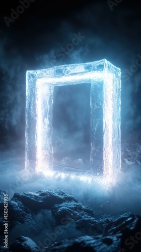 Illuminated ice portal surrounded by mist in a mysterious landscape at night