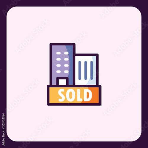 Real estate building icon with the 'SOLD' sign depicting property sale