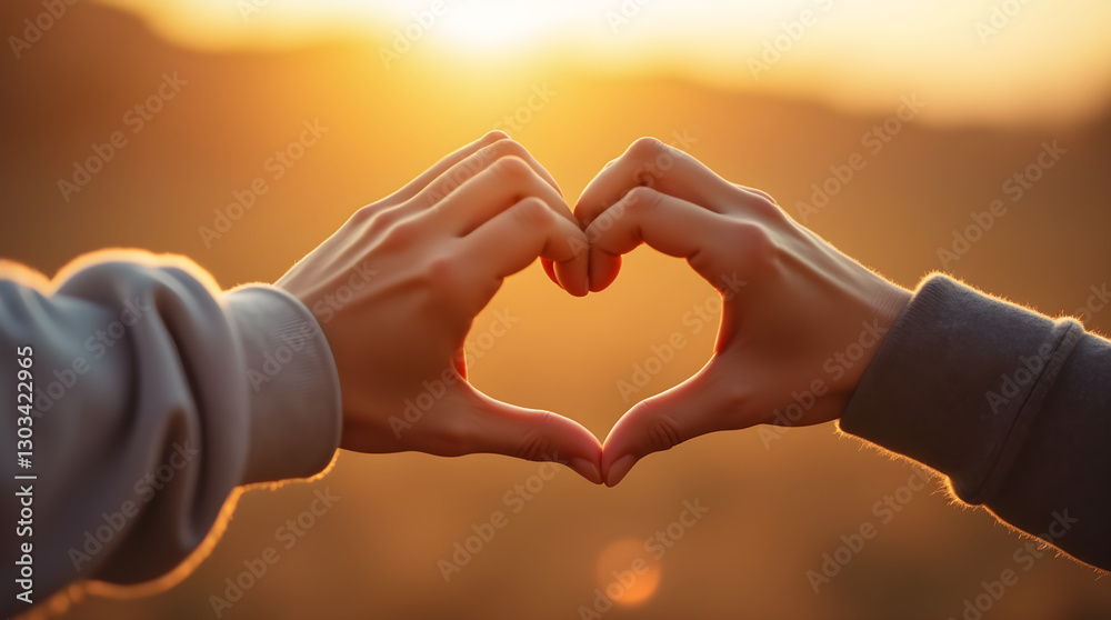 Romantic Golden Sunset Light on Hands Forming Heart Shape of Love and Hope Romantic Golden Sunset Light on Hands Forming Heart Shape of Love and Hope